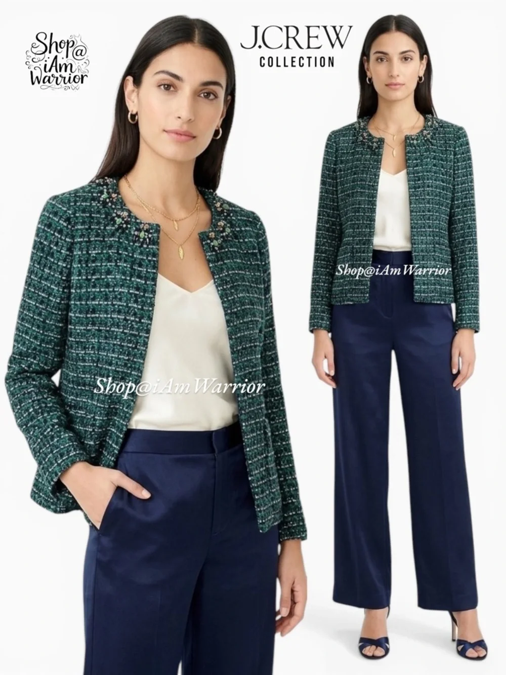 J.Crew Collection jeweled emerald + navy tweed blazer/jacket *shop@iamwarrior